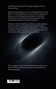 Ein schwarzes Loch mit leuchtendem Rand unten rechts; darüber Text zur Buchreihe "Aletheia" im Weltraum-Kontext.