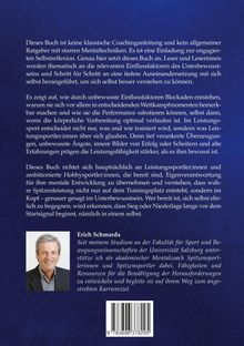 Texte beschreiben ein Buch über Mentaltechniken im Sport. Es richtet sich an Leistungssportler:innen und motivierte Hobbysportler:innen. Unten ein Foto und Text zu Erich Schmarda, einem akademischen Mentalcoach. Barcode unten zentriert.