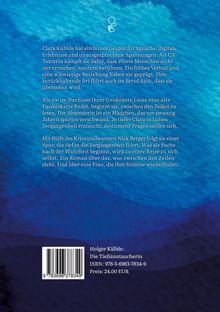 Text über Clara Kühne, ihre Suche nach Wahrheit und Vergangenheit. Blaue, wellenartige Hintergrundgestaltung. ISBN und Preis unten.