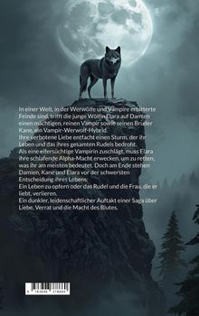 Text beschreibt eine Geschichte über Werwölfe und Vampire. Im Hintergrund steht ein Wolf auf einem Felsen vor einem Vollmond.