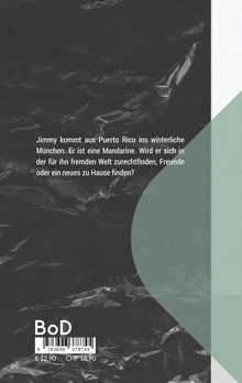 Jimmy kommt aus Puerto Rico ins winterliche München. Er ist eine Mandarine. Schwarzer Hintergrund mit Grafik.