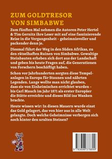Zum Goldtresor von Simbabwe. Text über geheimnisvolle Ruinen. Illustration einer Figur links unten. Brauner Hintergrund.