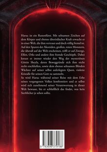 Text über Haruc, einem Runenfürst, auf einer Reise voller fremder Kreaturen und mystischer Quests. Hintergrund rot-schwarz.