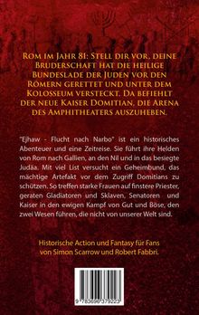 Roter Hintergrund mit antiken römischen Motiven. Texte beschreiben ein historisches Abenteuerbuch, "Ejhaw - Flucht nach Narbo".