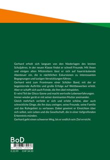 Text über Gerhards Abenteuer und Herausforderungen. Logo "BoD". Barcode, Preis: € 23.99, CHF 34.50. Hintergrund in Grün.
