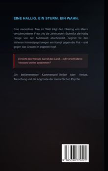 Texte: "EINE HALLIG. EIN STURM. EIN WAHN." Ein Thriller über Verlust und die Abgründe der menschlichen Psyche. Unten ein Barcode.