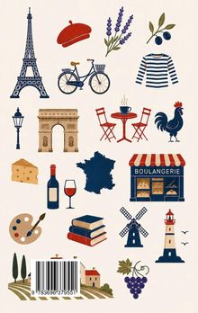 "Boulangerie" über einem Bäckerei-Illustrationsladen. Verschiedene Symbole: Eiffelturm, Fahrrad, Rotweinglas, Landkarte.
