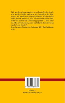 Zitat von Jean-Jacques Rousseau über Erziehung, gelber Hintergrund, roter Streifen, ISBN und Barcode unten.