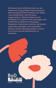 Text über ein Buchprojekt in Lippisch Platt. Blauer Hintergrund, rote und cremefarbene abstrakte Blumenillustrationen.