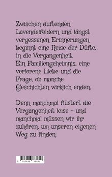 Ein poetischer Text auf einem lila Hintergrund beschreibt eine Reise der Düfte zu verlorenen Erinnerungen und Geheimnissen.