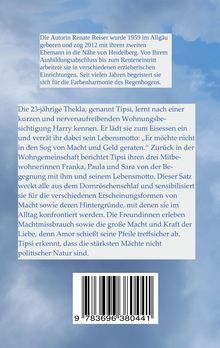 Ein blauer Himmel mit zwei Textblöcken: Einer beschreibt die Autorin Renate Reiser, der andere erzählt von Thekla, genannt Tipsi. Unten befindet sich ein Barcode.