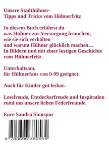 "Unsere Stadthühner-Tipps und Tricks vom Hühnerfritz. In diesem Buch erfährst du, was Hühner brauchen..." - Text in Rot.
