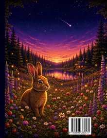 Ein Barcode unten rechts. Ein Hase sitzt auf einer blühenden Wiese bei Sonnenuntergang, mit Wald und Sternenhimmel im Hintergrund.