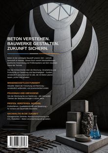 Text über Beton und Bauwerke. Oben eine kreisförmige Öffnung. Unten Betonproben, Bewehrungsstäbe und ein Kolben mit blauer Flüssigkeit.