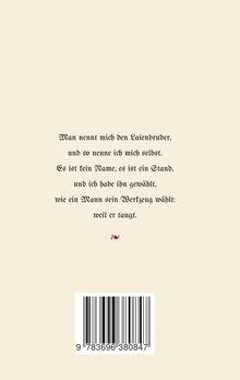 Gotischer Text über einen Laienbruder und seine Berufung, darunter ein rotes Symbol und ein Barcode.