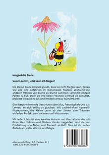 Text: "Irmgard die Biene. Summ-summ, jetzt kann ich fliegen!" Illustration: Biene mit Blume, helle, freundliche Farben.