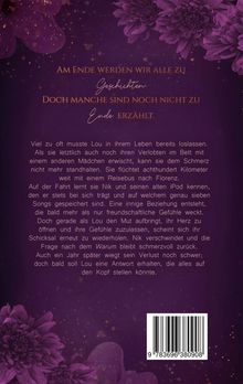 „Am Ende werden wir alle zu Geschichten. Doch manche sind noch nicht zu Ende erzählt.“ Lila Blumen umrahmen Text.