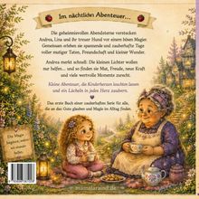 Ein Banner mit "Im nächtlichen Abenteuer...", darunter ein Text über magische Abenteuer und Freundschaft. Eine Illustration zeigt ein Kind und eine ältere Frau beim Tee im Freien, umgeben von Natur und Lichtern.