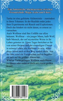 Oben steht: „Eine fantastische Abenteuerreise zwischen Freundschaft, Magie, Liebe und Chaos.“ Darunter folgt eine Abenteuergeschichte um Tarita und Wolfmar. Hintergrund in Blau und Grün mit floralen Mustern.