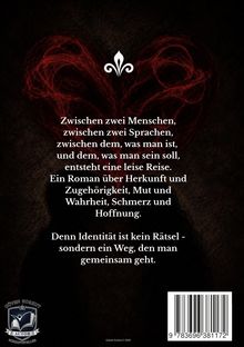 Ein Roman über zwei Menschen, Sprachen und Identität. Hintergrund zeigt rote, wirbelnde Herzform und eine Lilie.