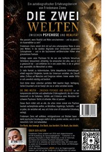 Buchtitel: "DIE ZWEI WELTEN". Thema: Psychose und Realität. Links dämonisches Gesicht, rechts Engelsfiguren.