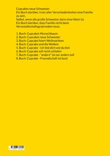 Ein gelber Hintergrund mit schwarzem Text: "Cupcakes neue Schwester" und eine Liste von acht Buchtiteln über Cupcake.