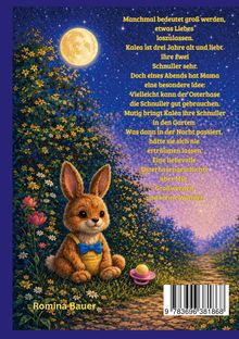 Text über Kalea und den Osterhasen, der Schnuller braucht. Illustration eines Hasen im Garten unter einem leuchtenden Mond.