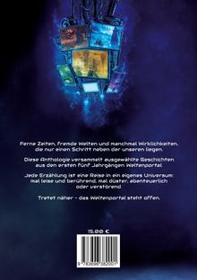 Anthologie mit Geschichten aus "Weltenportal", Abenteuer, Fantasy. Illustration von Bildschirmen im rauchigen Blau. Preis: 15 Euro.