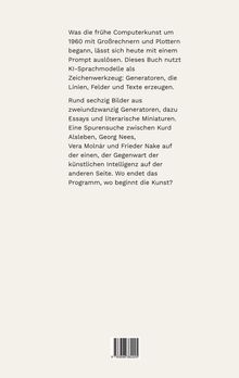 Ein Text beschreibt, wie KI-Sprache die frühe Computerkunst beeinflusst. Unten rechts ist ein Barcode. Hintergrund ist beige.