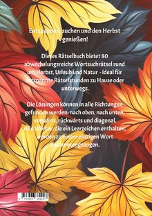 Text in der Mitte mit bunten Herbstblättern im Hintergrund.