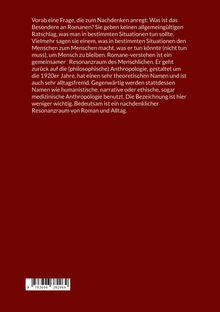 Text fragt: Was ist das Besondere an Romanen? Sie bieten einen Raum der Menschlichkeit. Enthält ISBN-Barcode unten.