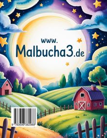 www.Malbucha3.de. Gemälde mit Scheunen, hügeliger Landschaft, Bäumen, bunten Wolken und Sternen.