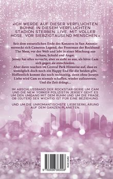 Oben ein Zitat über Sterben auf der Bühne vor 70.000 Menschen. Darunter beschreiben Texte eine Rockstar-Serie. Hintergrund: glitzerndes Motiv mit Skyline.