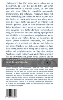Text in Blau: Reflexion über "Sehnsucht" und Lebenswege. Grauer Balken: "wir auf jede Erfüllung eine neue Sehnsucht folgen, so bleiben wir lebendig." Darunter: Autorenvorstellung Martin Ploderer. Unten links: Strichcode.