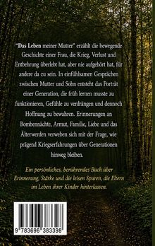 Texte beschreiben ein Buch über eine Frau im Krieg, Verlust und ihre Erinnerungen. Hintergrund: Waldweg bei Tag.