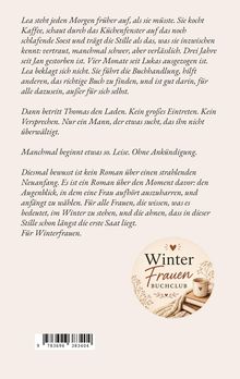 Texte beschreiben Leas Morgenroutine, Trauer und Neubeginn. Unten ist ein rundes Logo "Winter Frauen Buchclub" mit Tasse, Büchern und Blumen.