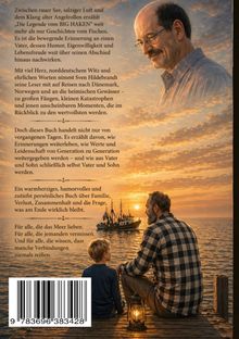 Text über Erinnerungen, Familie und das Meer. Oben rechts das Gesicht eines Mannes. Unten sitzt ein Kind mit einem Mann am Wasser.
