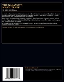 Text: "The Nakamoto Masquerade", "The Ledger Was Open", "The Desire Was Engineered". Beschreibung: Buchumschlag mit Barcode.