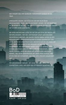Texte über Thrillerthema, Macht, Skrupeillosigkeit, gefolgt von Stadt-Silhouette in Nebel mit rauchiger Atmosphäre.