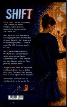 Der Text beschreibt Karlas Dilemma zwischen Tanzen und Programmieren sowie Sam, ihren Tanzpartner. Rechts steht Karla im Profil.