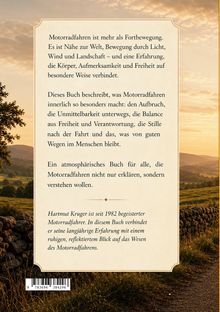 Ein Text beschreibt die Essenz des Motorradfahrens und ein Buch darüber. Darunter eine Landschaft mit Abendhimmel.