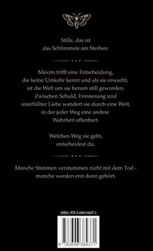 Text über Stille und Entscheidungen. Schmales, dunkles Layout mit einem detaillierten Falter-Logo oben.