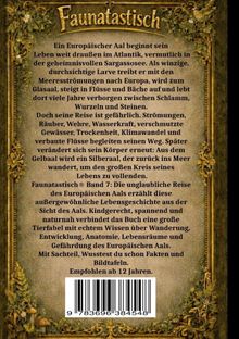 "Faunatastisch", ein Buch über die Reise des Europäischen Aals, empfohlen ab 12 Jahren. Goldene florale Verzierungen.