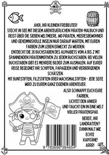 AHOI, IHR KLEINEN FREIBEUTER! Malbuch mit Piratenmotiven. Pirat mit Augenklappe, Fisch, Fass, Totenkopf-Emblem.