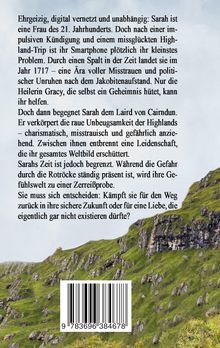 Text über eine Zeitreisegeschichte von Sarah, die im Jahr 1717 landet und sich verliebt. Barcode darunter, grüner Hügel.