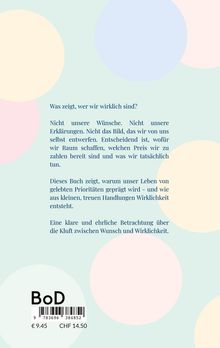 Texte in Blau: Eine Betrachtung über Wünsche, Erklärungen und Prioritäten. Hintergrund: Pastellfarbene Kreise.