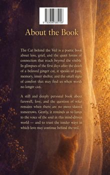 Text oben: "About the Book". Ein poetisches Buch behandelt Verlust, Trauer, Abschied und Liebe. Hintergrund: Katze und Pflanzen.