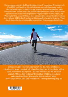 Text beschreibt eine Reise durch die USA mit Erlebnissen und Nationalparks. Unten ein Mann, der auf einer Straße wandert.