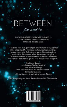 Texte auf schwarzem Hintergrund: "BETWEEN fire and ice", oben und unten sind Funken in Blau. Darunter poetischer Text.