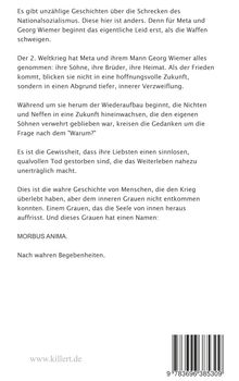 Text über die Schrecken des Nationalsozialismus und inneres Grauen. Titel: MORBUS ANIMA. Nach wahren Begebenheiten. Webseite und Barcode.